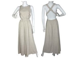 100% Linen Apron Dress Maxi Cottagecore Farm Natural Beige Size 10